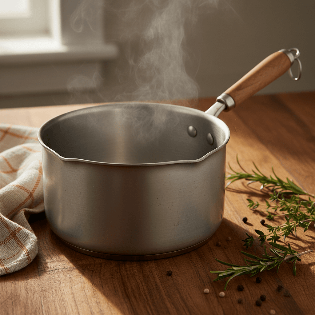 Stainless steel saucepan with steam rising on a wooden countertop