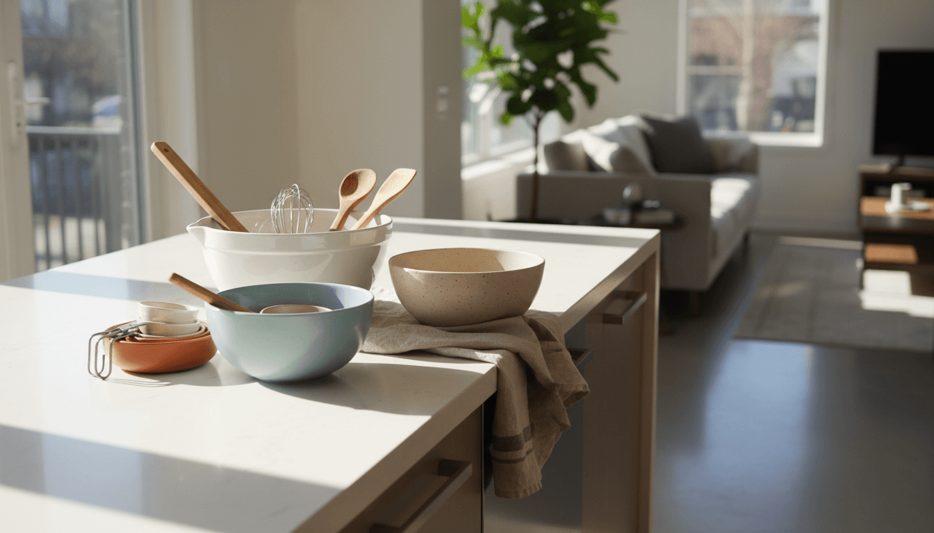 Assorted kitchen utensils and mixing bowls arranged on a bright kitchen counter