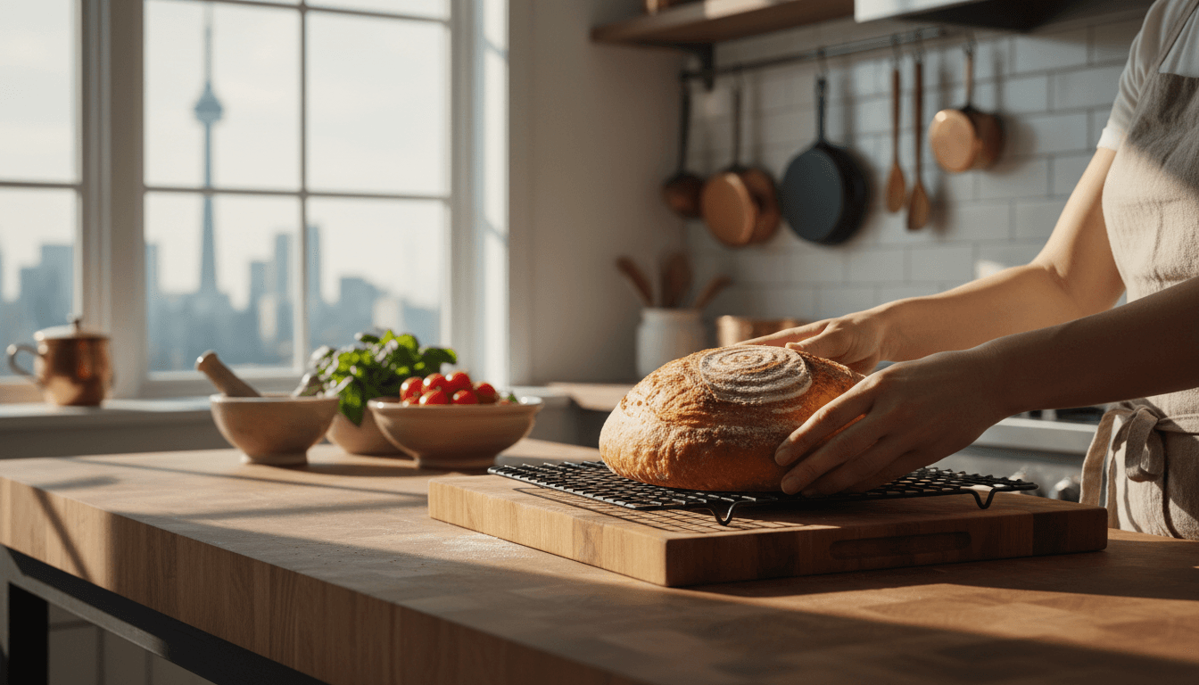 Home cook arranging fresh bread on a cooling rack in a sunlit kitchen