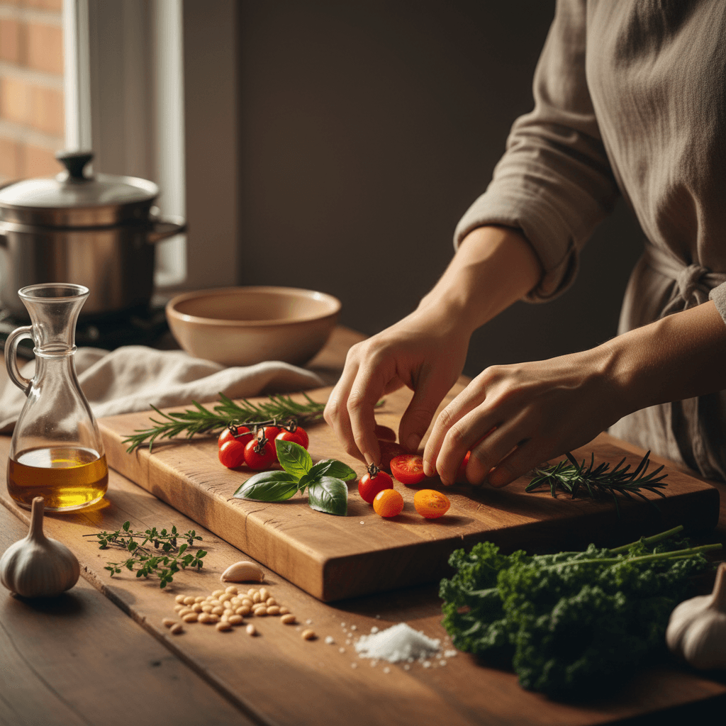 Home cook preparing fresh ingredients with cast iron cookware in a warm kitchen