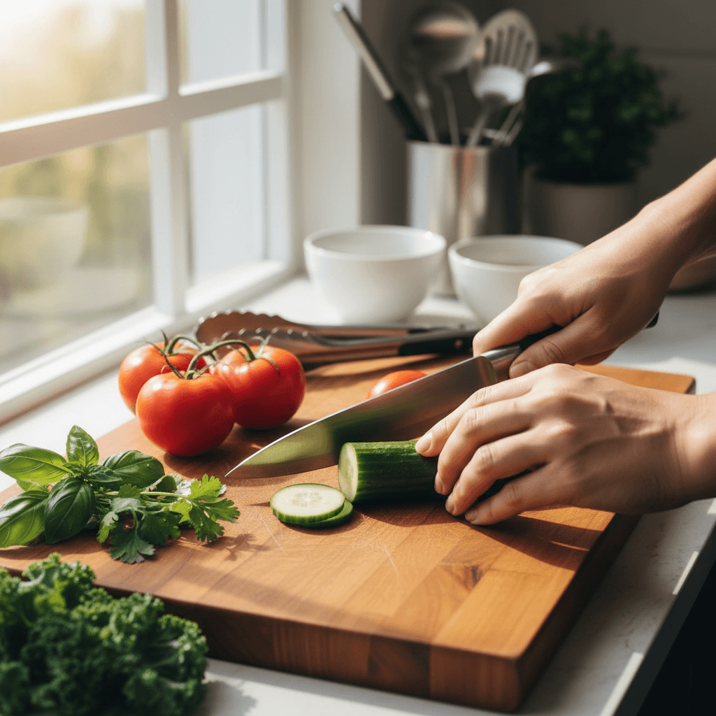 Chef's knife on wooden cutting board with fresh herbs