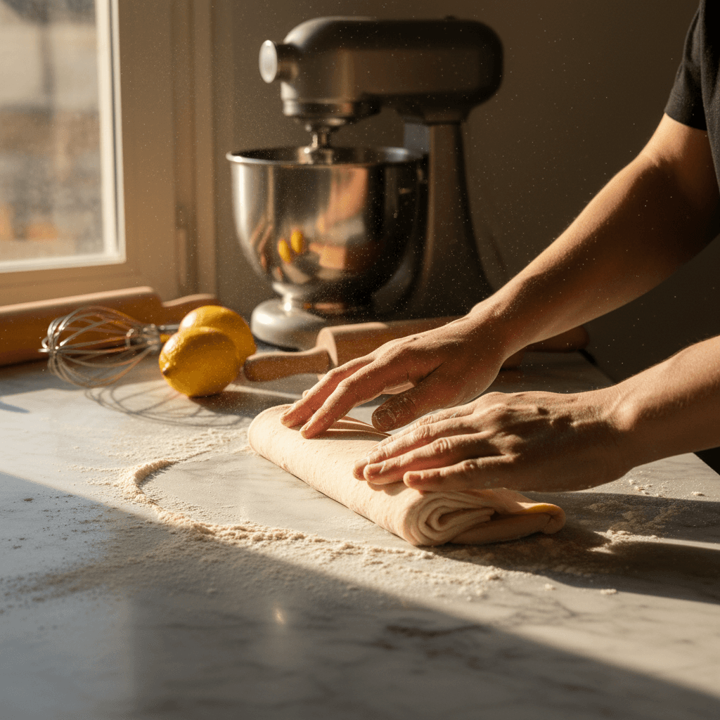 Hands dusting flour on pastry dough