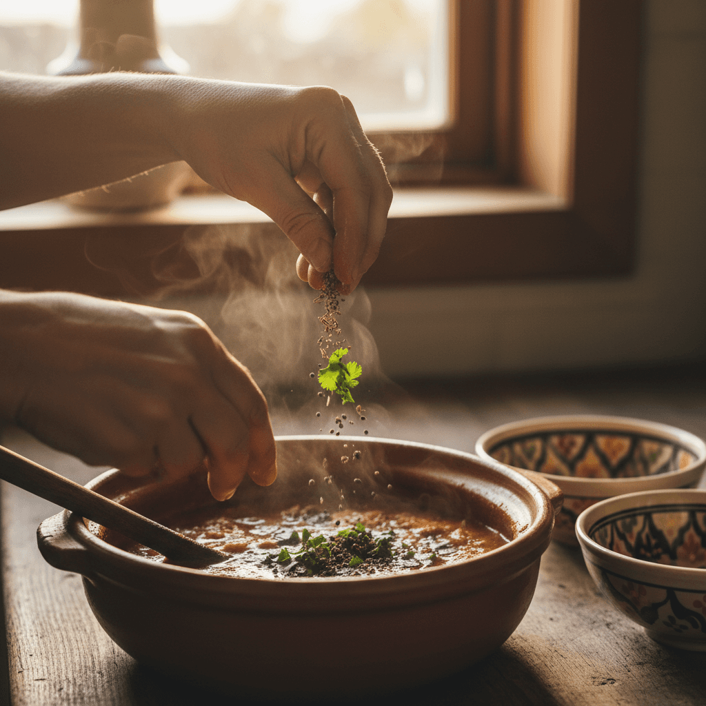 Home cook stirring a pot of tomato sauce with a wooden spoon