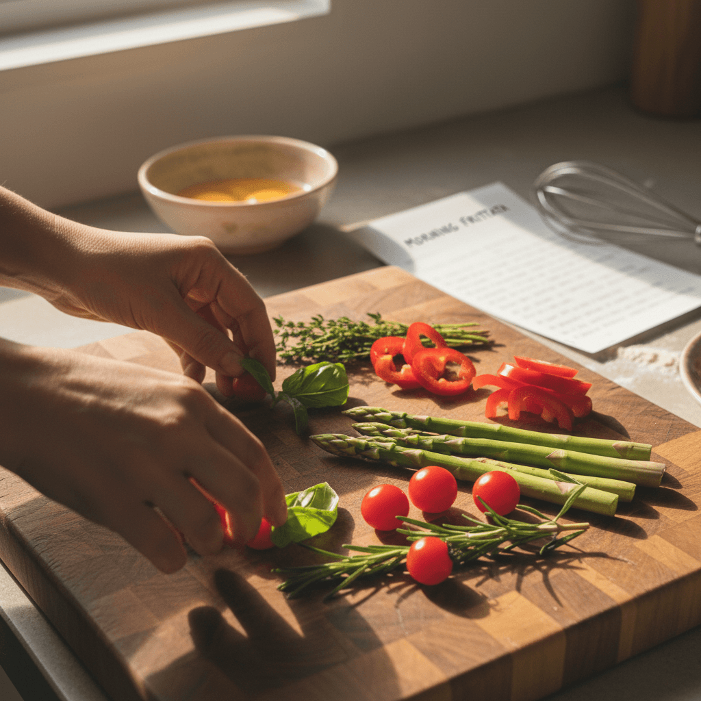 Colorful chopped vegetables on a wooden cutting board with a chef's knife nearby