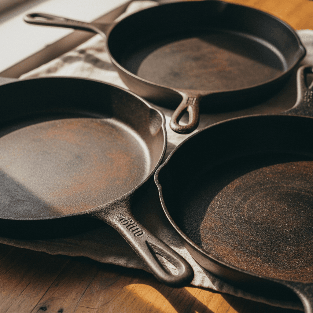 Cast iron skillet on a stovetop with fresh herbs
