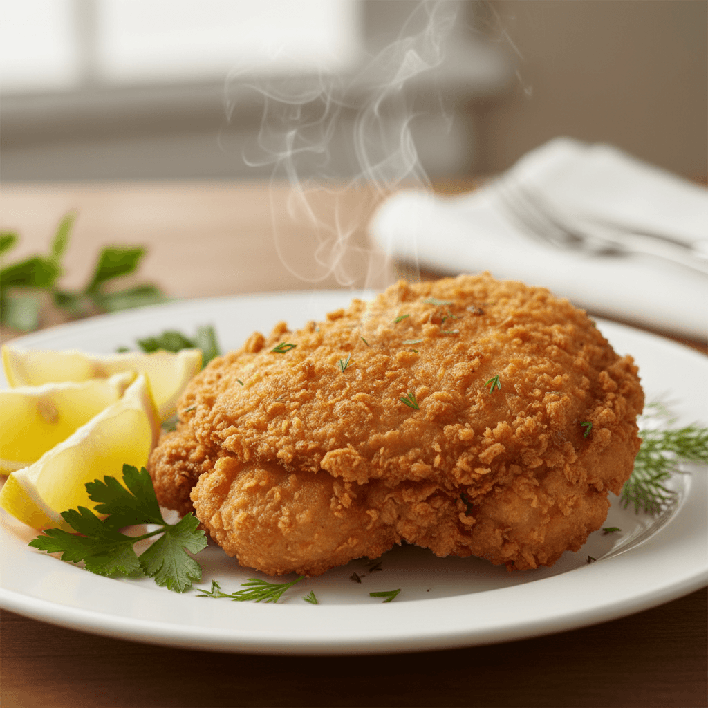 Stainless steel frying pan with seared chicken
