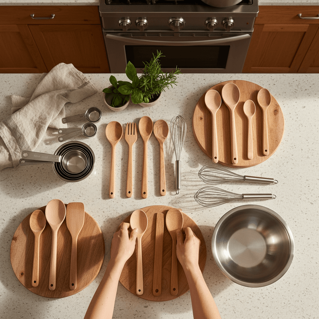 Collection of kitchen tools on a butcher block counter