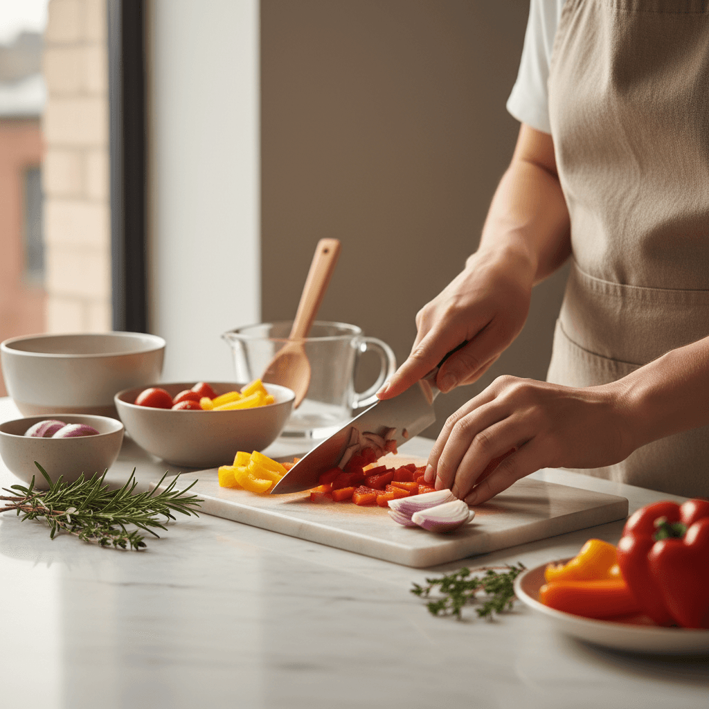 Hands chopping fresh vegetables on a wooden cutting board