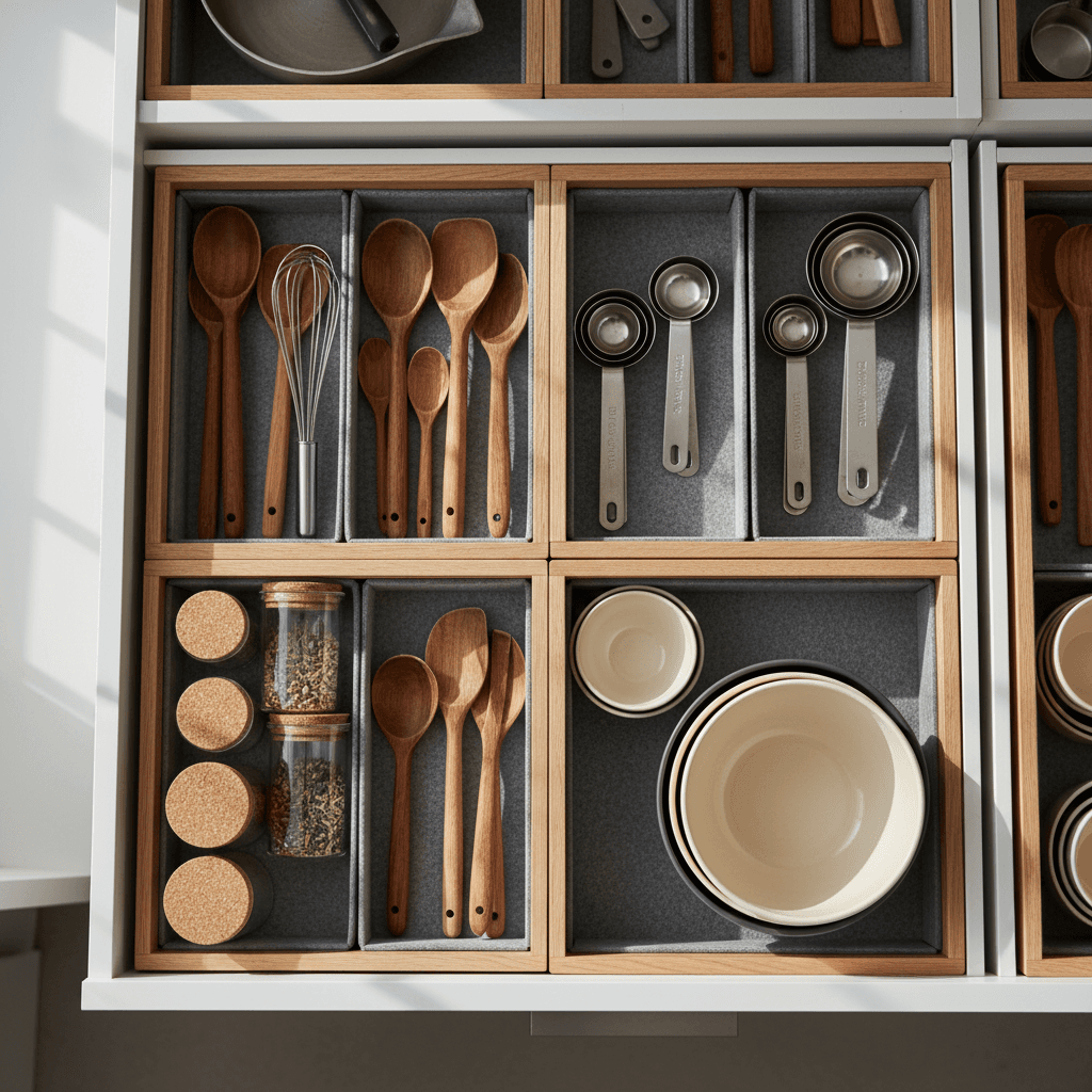 Neatly organized kitchen drawer filled with cooking utensils